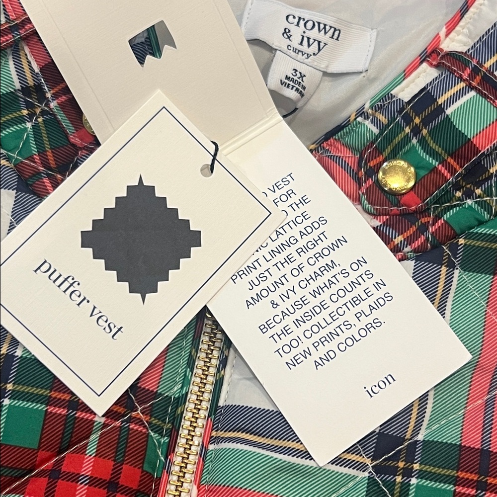 NWT Crown & Ivy Curvy Plus Size 3X Puffer Icon Vest Lattice Print Ivory Plaid - Picture 5 of 12